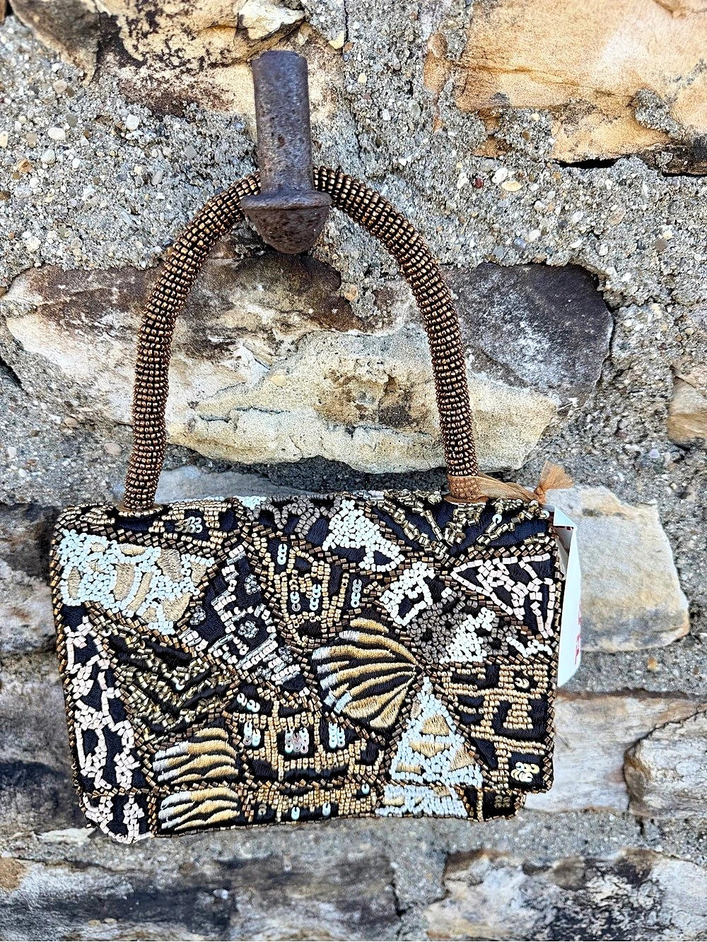 NWT Beaded Shoulder Bag in Black & Gold Animal print purse